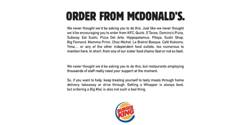 Burger King supporting McDonald's during covid outbreak.