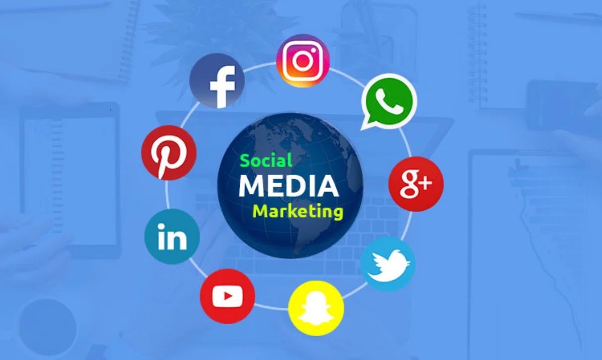 A blue background with a globe surrounded by social media marketing icons