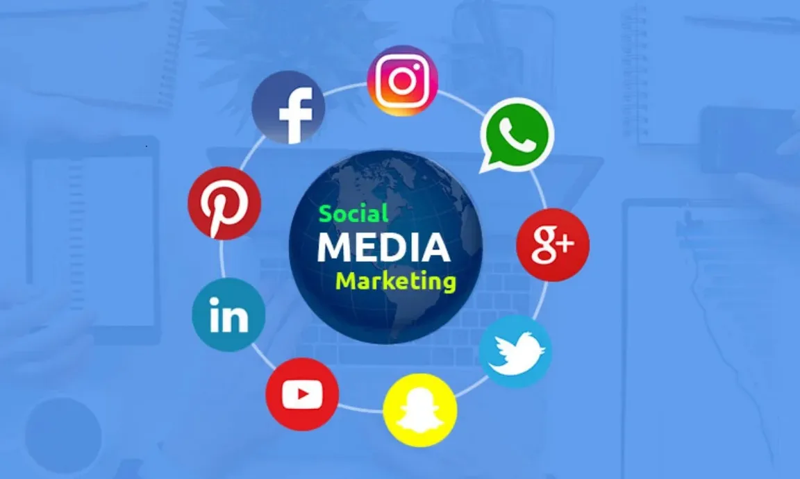 A blue globe of social media marketing surrounded by colorful social media icons, signifying the widespread use of social media platforms around the world.