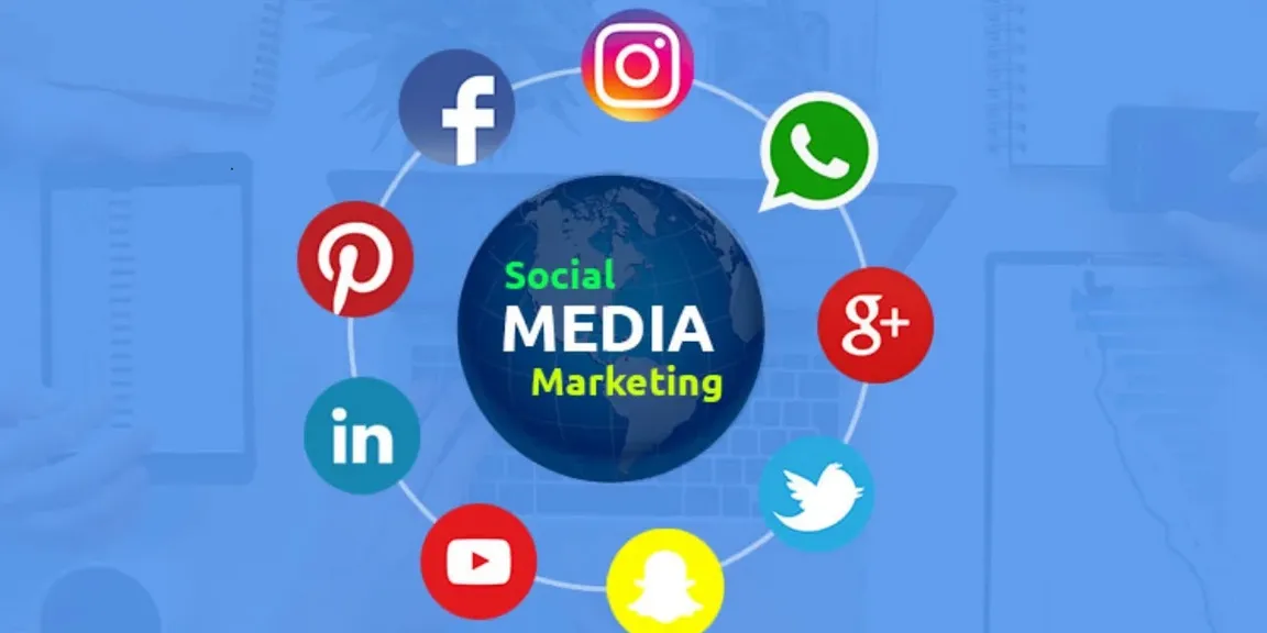 A blue globe of social media marketing surrounded by colorful social media icons, signifying the widespread use of social media platforms around the world.