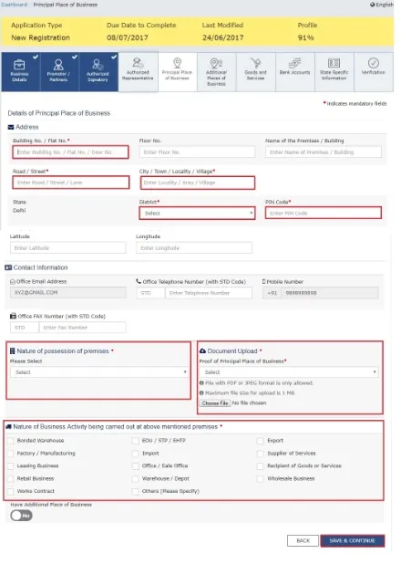 file the details of the principal place of your business