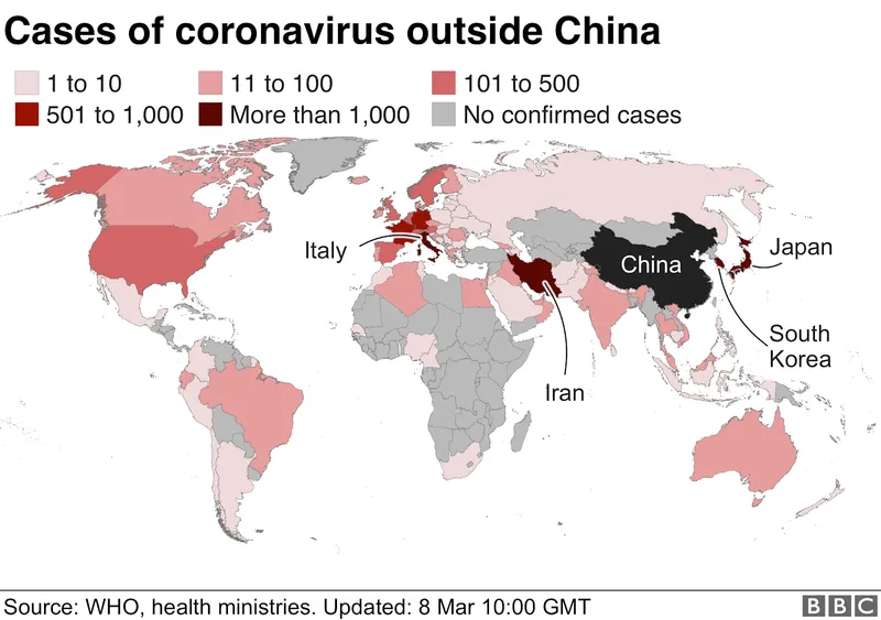 Map showing cases of Coronavirus across the worls