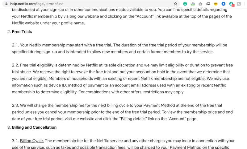 Netflix terms of use page
