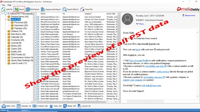 Preview of PST file