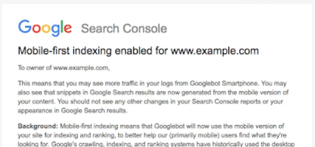 Sample Email Notification from Google post migrating your site to Mobile-first Indexing