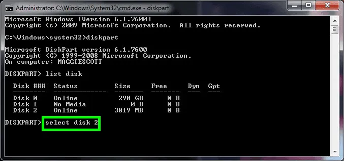 enter select disk 2