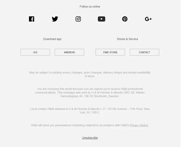 Highlighting Unsubscribe button in Footer of H&M