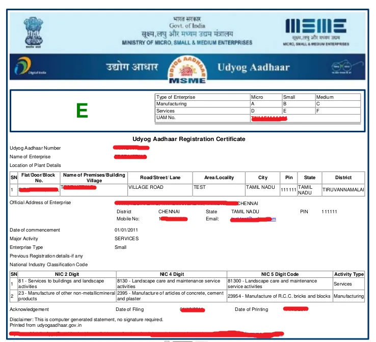 udyog aadhaar sample certificate
