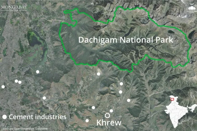 लगभग छह से सात सीमेंट फैक्ट्रियां ख्रू के पास आ गई हैं जो दाचीगाम नेशनल पार्क, जहां हंगुल पाया जाता है, के बहुत करीब हैं। मानचित्र – टेक्नोलॉजी फॉर वाइल्डलाइफ फाउंडेशन