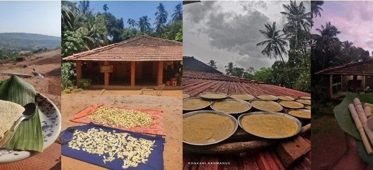 (बाएं से) घवाने की चटनी, एक लोकप्रिय स्थानीय व्यंजन; आमों को धूप में सुखाया जा रहा है जिसका उपयोग बाद में किया जा सकता है; एक होम स्टे की छत पर सुखाने वाली स्थानीय उपज; कोमल बांस के अंकुर स्थानीय रूप से कोमचे के रूप में जाने जाते हैं। तस्वीर- कोंकणी रान माणूस