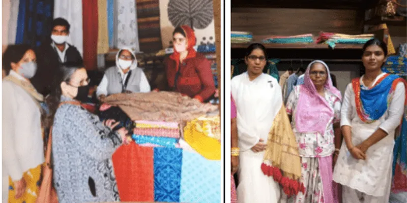 लेहरो देवी, पहली तस्वीर में (सफेद मास्क लगाए हुए) और दूसरी तस्वीर में (गुलाबी कपड़े पहने हुए) हैंडीक्राफ्ट प्रदर्शनियों में राजस्थानी हैंडीक्राफ्ट को बढ़ावा देती है