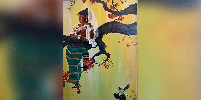 83 वर्षीय लता चौधरी की इस पेंटिंग को मुंबई में उनके बेटे के घर पर गर्व से प्रदर्शित किया गया है 