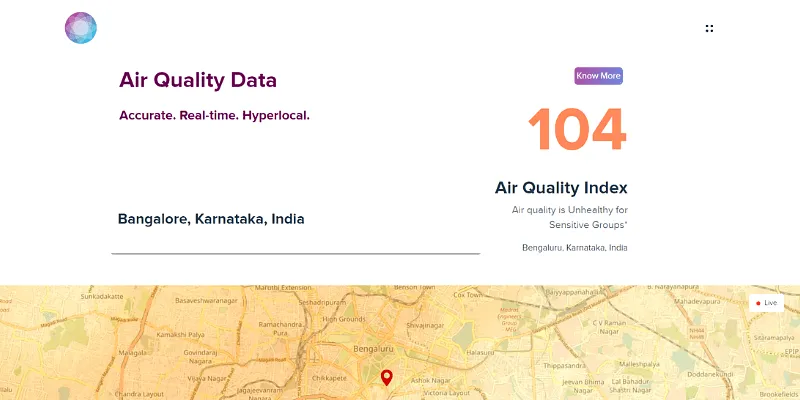 Ambee की वेबसाइट से लिया गया स्क्रीनशॉट जो हवा की गुणवत्ता को दर्शाता है।