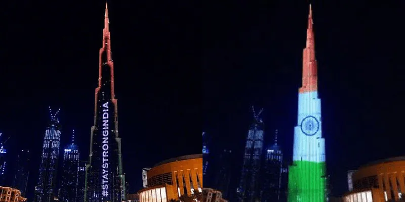 दुनिया की सबसे ऊंची गगनचुंबी इमारत दुबई के बुर्ज खलीफा ने भारत के तिरंगे को दिखाते हुए "Stay Strong India" का संदेश दिया। (फोटो साभार: Twitter/ Hahosani)
