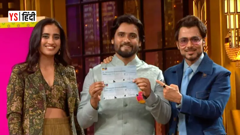 (L-R) Shark Tank India के मंच पर विनीता सिंह (CEO, SUGAR Cosmetics), आलोक रंजन (Founder, GAON) और अनुपम मित्तल (Founder & CEO, People Group). अनुपम और विनीता ने GAON को ₹80 लाख की फंडिंग दी है.
