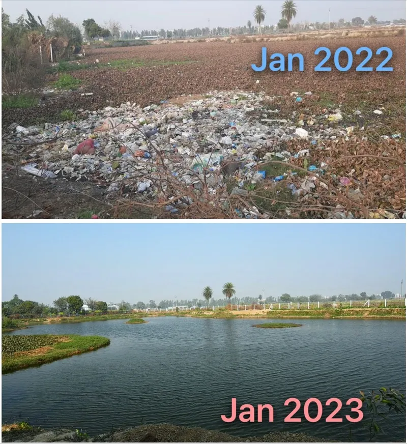 गाज़ियाबाद के नयाफल तालाब की पहले और बाद की तस्वीर। तस्वीर-रामवीर तंवर