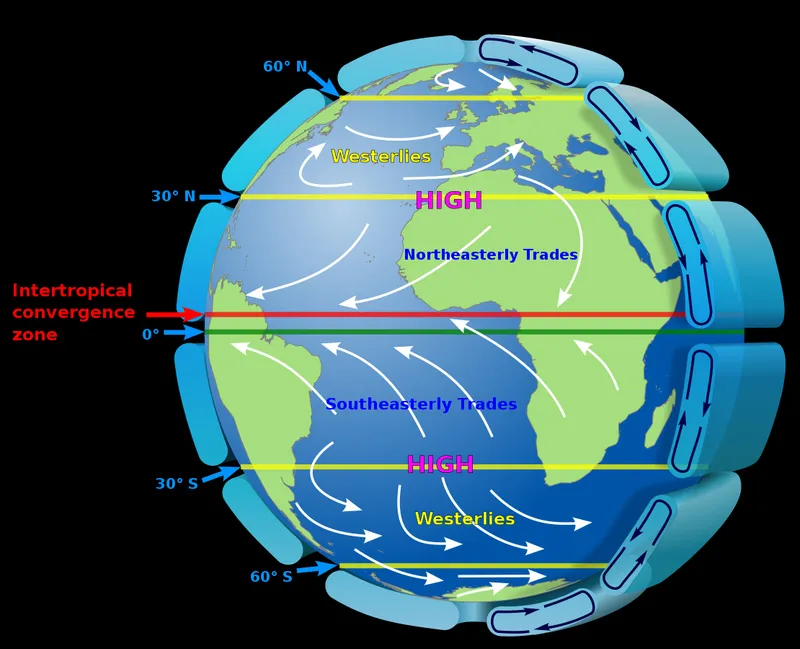 अंतर-उष्णकटिबंधीय अभिसरण क्षेत्र कम दबाव का एक क्षेत्र है जो पृथ्वी को एक तरह से बांधने का काम करता है. यह क्षेत्र दक्षिण-पूर्व और उत्तर-पूर्वी हवाओं के मिलने से बनता है. तस्वीर – कैडोर / विकिमीडिया कॉमन्स