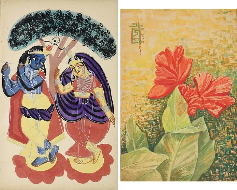 Left - Untitled (Radha-Krishna) by Anonymous (Kalighat Pat) Right - Untitled (Canna) by Ajit Gupta