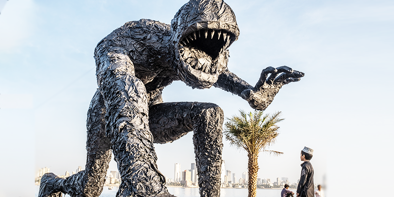 Installation on Bandra-Worli Sealink in Mumbai seeks to drive home point that the monster of plastic waste never really goes away
