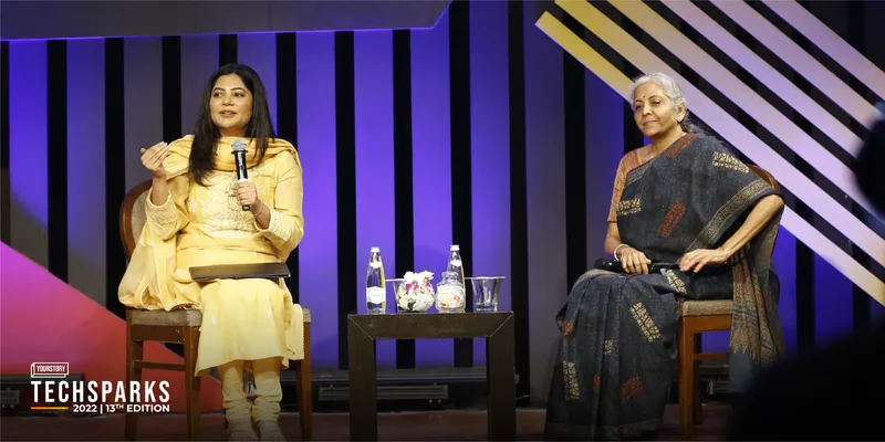 Union Finance Minister Nirmala Sitharaman with YourStory Founder Shradha Sharma at TechSparks 2022