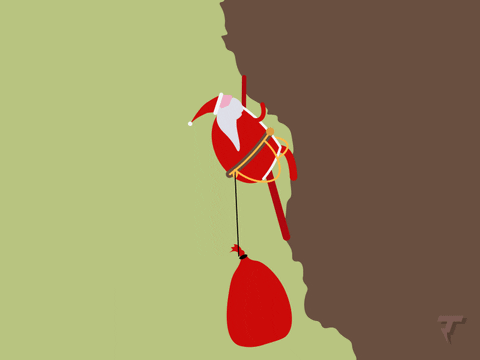 Santa Claus climbing a mountain