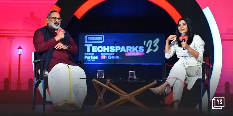 Union Minister of State for Electronics and Information Technology, Rajeev Chandrasekhar and YourStory Founder and CEO Shradha Sharma.