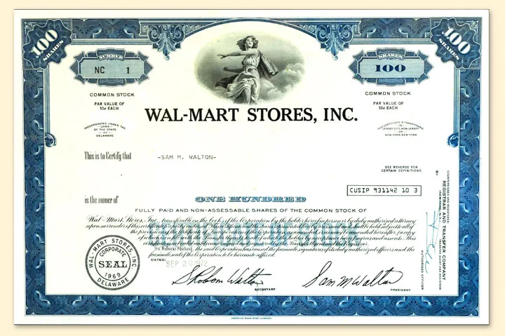 Certificate for 100 shares of Wal-Mart Stores, Inc. stock, issued to Sam Walton.