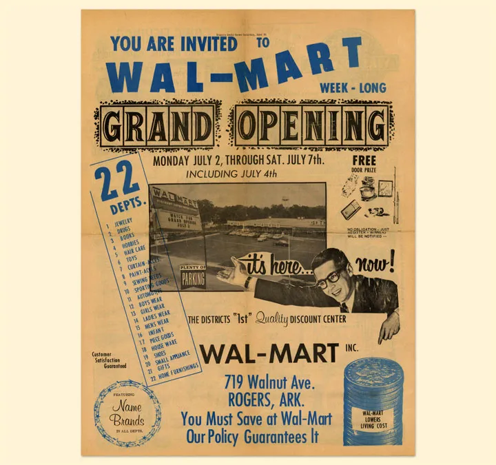 Advertisement for the first Walmart—“the district's ‘1st’ Quality Discount Center”