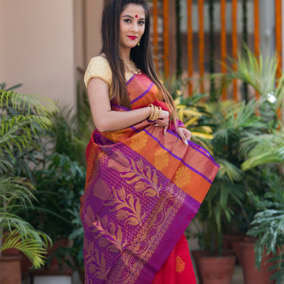 Splendid Wine Purple Linen Handloom Saree With Banarasi Design - Loomfolks