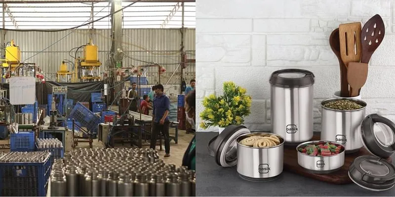 (L) Company's manufacturing unit; (R) Basik Homeware's stainless steel products