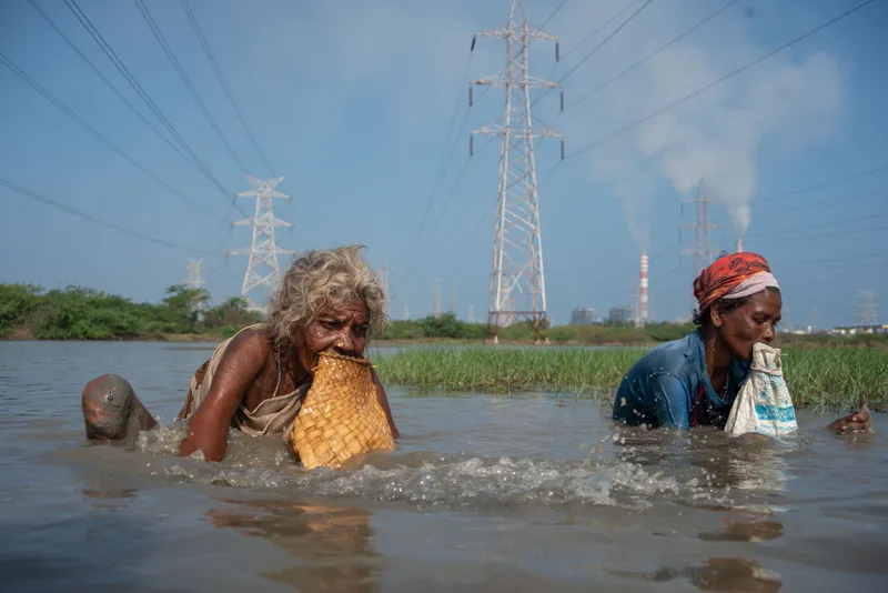 Hairunisha's photographs show tribal elders fishing in the industry-dense neighbourhod of Ennore in North Chennai.