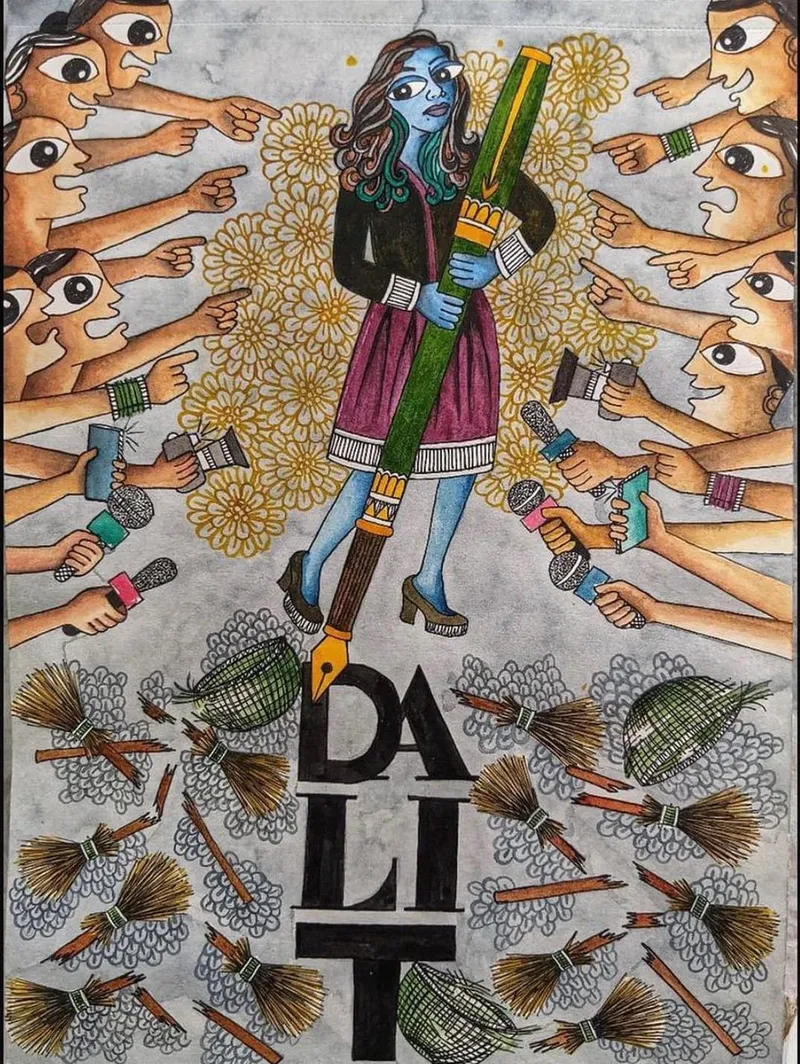 Moving away from the Madhubani art form’s conventional mythological narratives, Raj began painting in the Godna style, once reserved for Dalit ritual art, centering on themes of empowerment and figures like Babasaheb Ambedkar, Savitribai Phule, and Phoolan Devi.