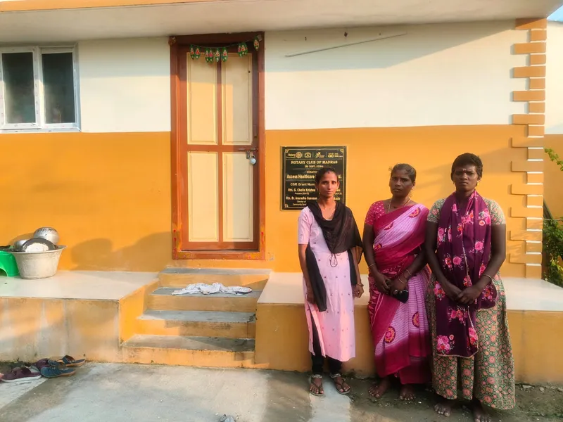 AID India, with support from Ashok Leyland, has built  39 pucca, well-ventilated houses with raised foundations to withstand monsoon flooding, along with electricity connections, toilets, and kitchen gardens at Irumbedu settlement.