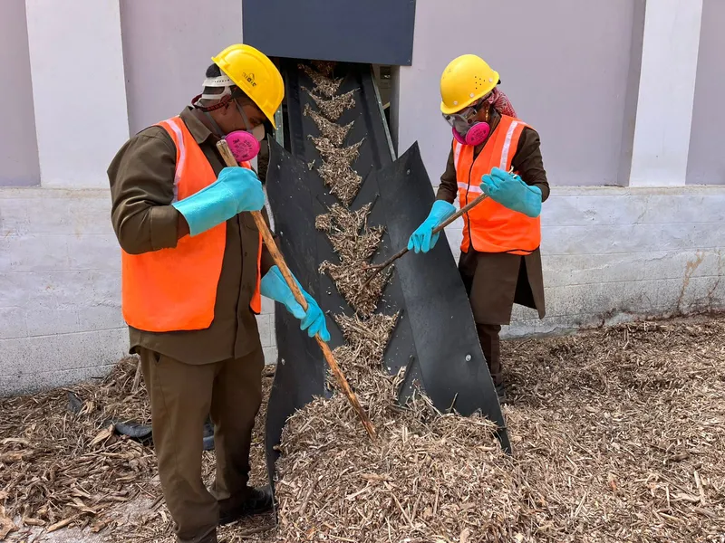 Lantana is removed from deep forest areas and processed into binder-free fuel briquettes using only pressure and heat, without chemical additives. These briquettes are then supplied to nearby tea factories, replacing wood burning with forest waste turned resource. 