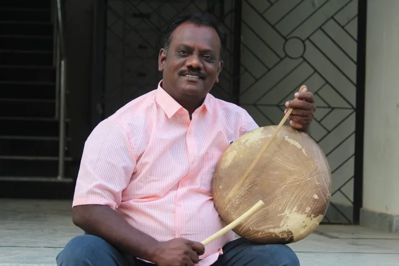 Manimaran, co-founder of the parai ensemble Buddhar Kalai Kuzhu, has been traveling across the world to teach parai to youngsters from all caste and religious groups. 
