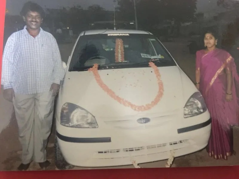 ‍Renuka with his wife and the first car he bought.