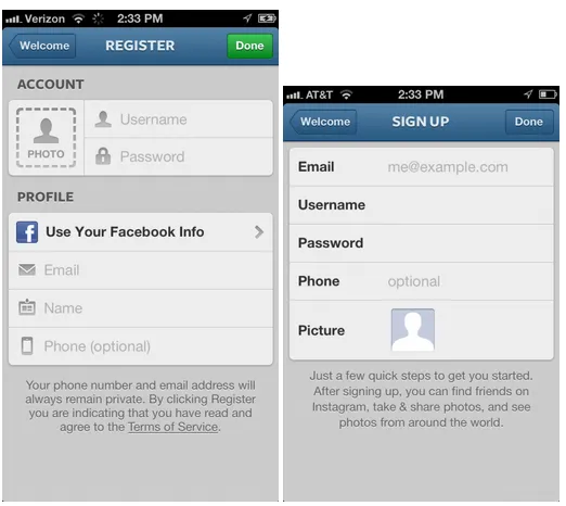Instagram did a great job with their minimal registration process