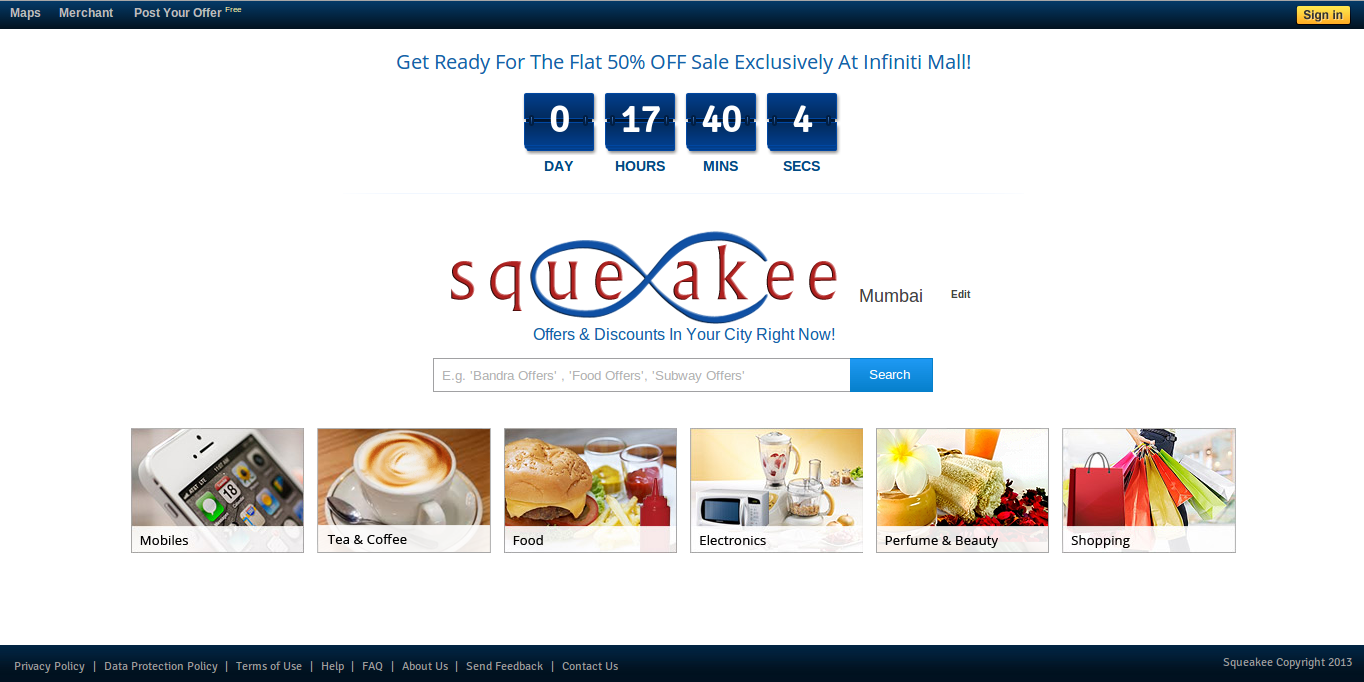 Mumbai based startup, Squeakee partners with the Raheja group for a one day flat 50% sale at Infiniti Mall (mumbai only)
