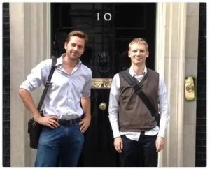 Andrew Hunter and Doug Monro, founders of Adzuna, at Number 10 Downing Street, the official residence of British Prime Minister, celebrating David Cameron's use of their data