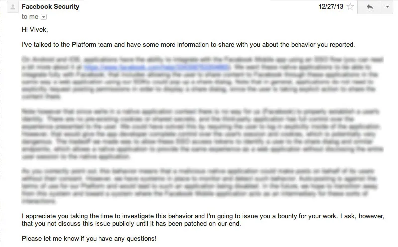 Mail from Facebook security confirming the bug