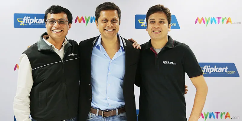 The trio of Sachin-Mukesh-Binny Bansal at the Flipkart-Myntra deal announcement