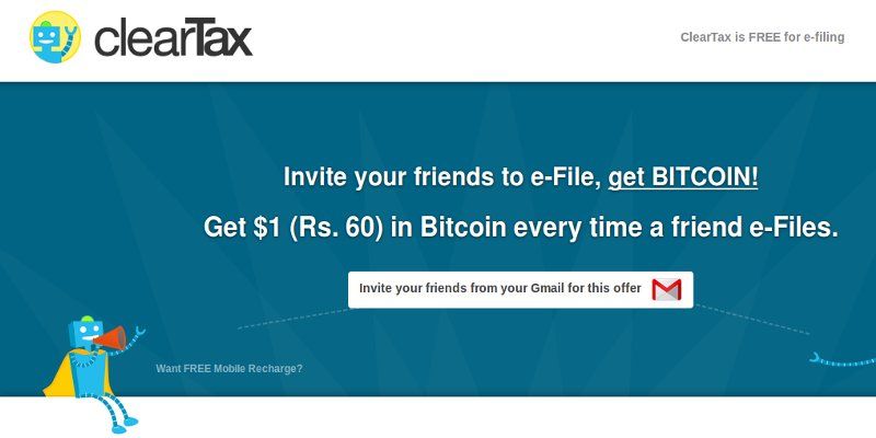Online tax filing startup ClearTax is offering bitcoins (BTC) for referrals