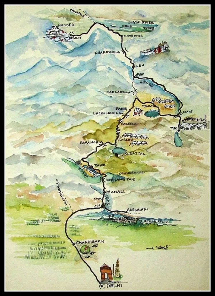 Gajjar's watercolour rendition of her journey from Delhi to Ladakh