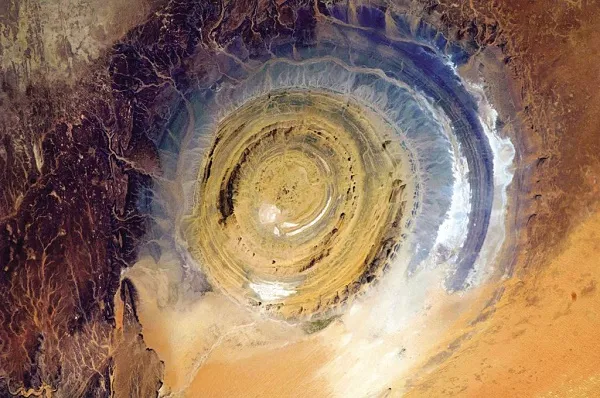 Mauritania The Richat Structure in Mauritania, also known as the Eye of the Sahara, is a landmark for astronauts. If you’ve been busy doing experiments and haven’t looked out the window for a while, it’s hard to know where you are, especially if you’re over a vast 3,600,000-square-mile desert. This bull’s-eye orients you, instantly.