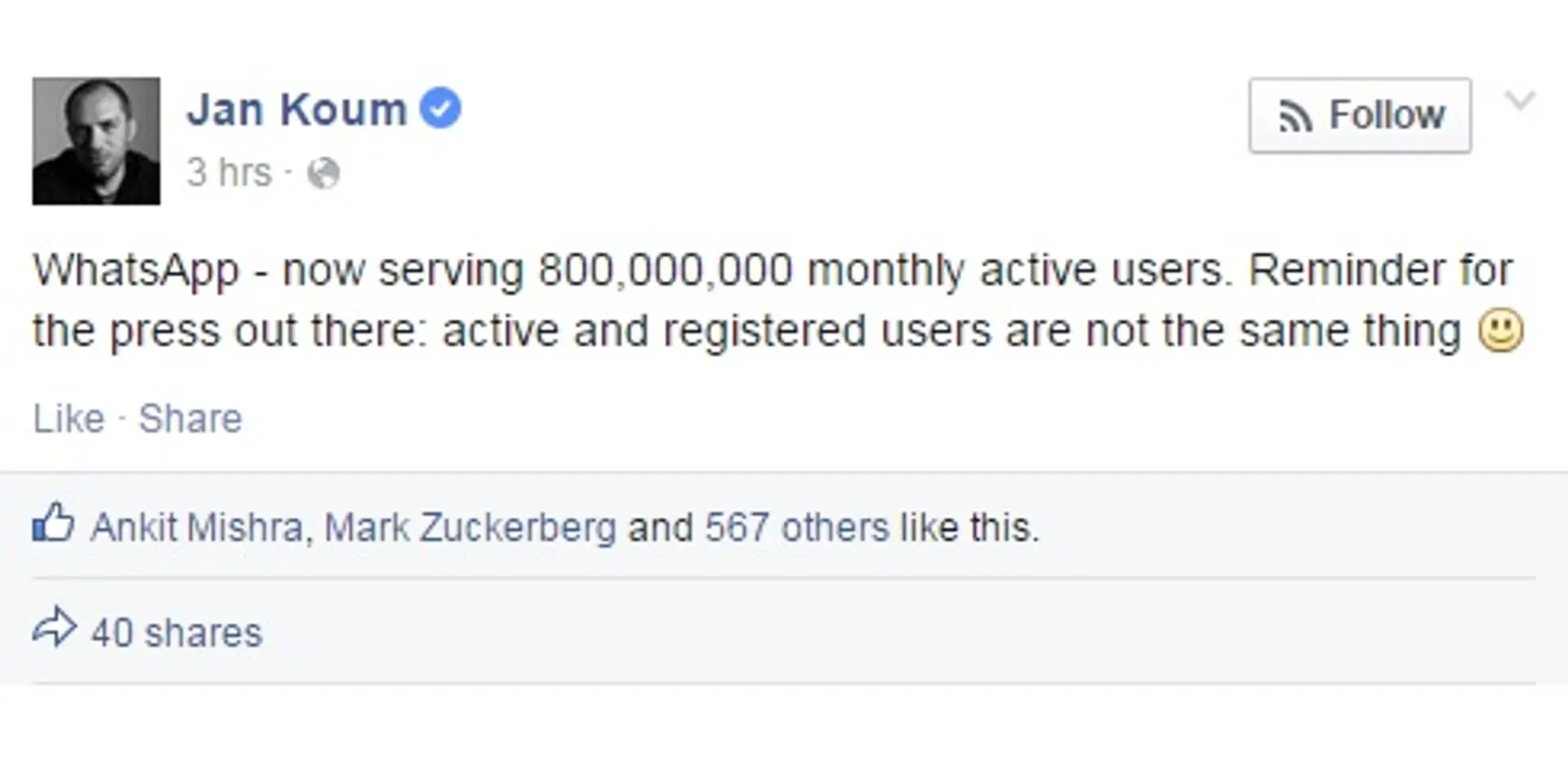 WhatsApp crosses 800 million monthly active users, 50% bigger than global SMS