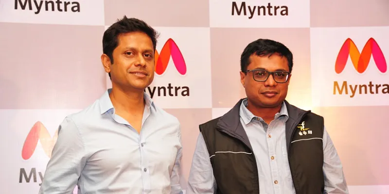 Mukesh Bansal(L) and Sachin Bansal, announcing the app-only transition of Myntra