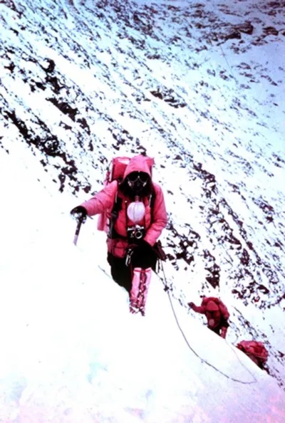 Climbers trek over the Himalayas in bright colours to make them discernible on the snowy mountains.