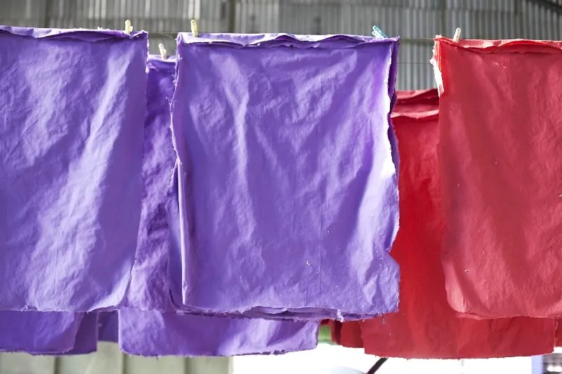 Once fibre is beaten down to pulp, it goes throuh numerous processes, like dyeing and being submerged in solution. This is followed by pressing and drying the sheets to create the final product