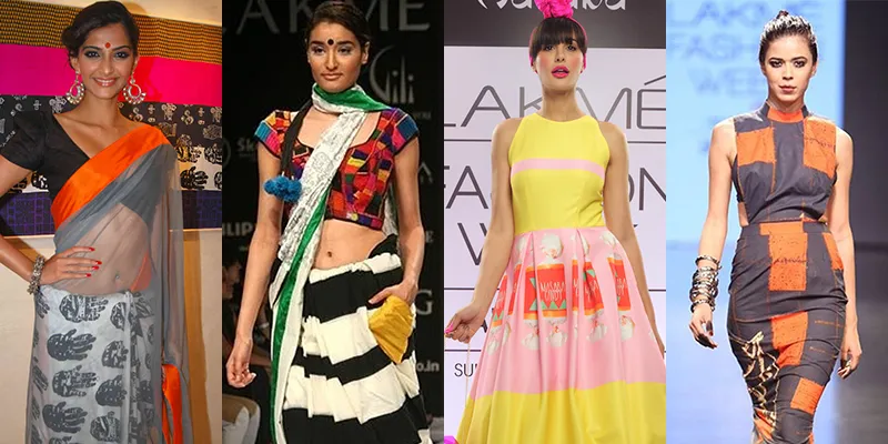 Gorgeous creations from Masaba (L-R): the Palm Print saree, the Pocket Saree, an outfit from the Candy Collection and one from the Horse Collection