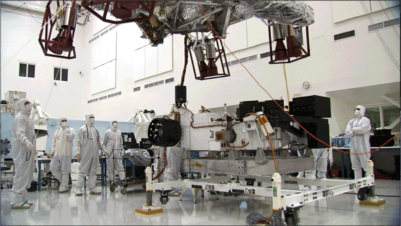 Progression of 'stacking' the Mars Science Laboratory rover and descent stage in the Jet Propulsion Laboratory's clean room (NASA/JPL-Caltech)